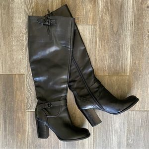 Marc Fisher Black Leather Knee High Chunky Heel Round Toe Boots Size 8